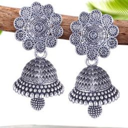 MEENAZ Set Of 5 Silver-Plated Dome Shaped Oxidised Jhumkas-52