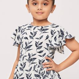 Tiny Girl Half Flutter Sleeves Botanical Floral Leaf Printed  Top  - Blue image 4