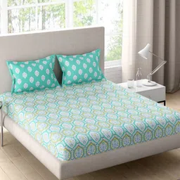 Portico Sparkle Turquoise Blue Abstract Cotton 144TC Double Queen Bedsheet Set-2.24mx2.54m-3