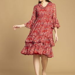 OCTICS Women Floral Printed Bell Sleeve Fit & Flare Dress-image-67