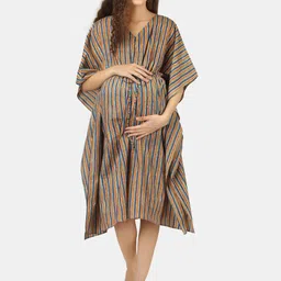 angloindu Women Cotton Striped Kimono Sleeve Maternity Kaftan Midi Dress-picture-29
