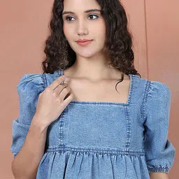 PUELLA Puff Women Sleeve Fringed Cotton Denim Cape Crop Top-picture-21
