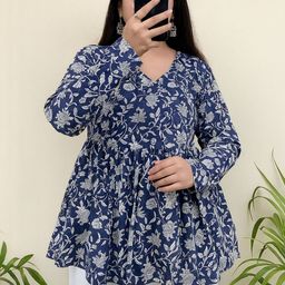 CLANGER Women Blue Viscose Rayon Floral Print Peplum Top-picture-33