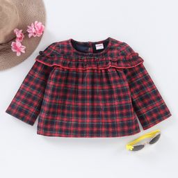Babyhug Full Sleeves Checks Poly-Cotton Flannel Top With Lace & Frill Detailing- Red Navy-image-34