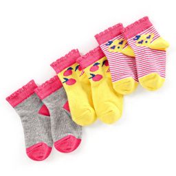 Cute Walk by Babyhug Non Terry Cotton Knit Ankle Length Anti Bacterial Socks Striped Pack of 3 - Yellow & Grey-image-66
