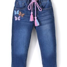 Babyhug Cotton Washed Denim Full Length Stretchable Jeans With Lace & Butterfly Embroidery - Blue-image-88