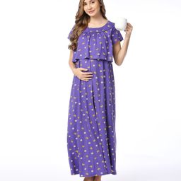 Bella Mama Cotton Knit Half Sleeves Concealed Zipper Floral Printed Nighty - Violet-image-57