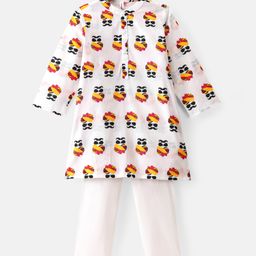 Babyhug 100% Cotton Woven Full Sleeves Turban Foil Printed Kurta & Pyjama Set - White-image-81