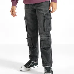 Primo Gino Woven Full Length Washed Jeans with Cargo Pockets - Black-picture-0