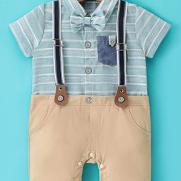 Mark & Mia Full Sleeves Striped Party Wear Romper with Bow Pocket & Suspender Detailing - Khaki-image-28