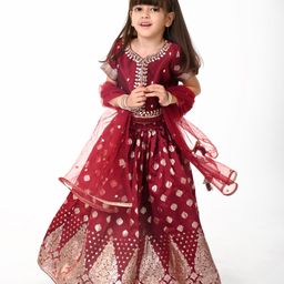 Babyhug Woven Short Sleeves Embroidered Choli With Lehenga & Dupatta Set -   Maroon-image-84