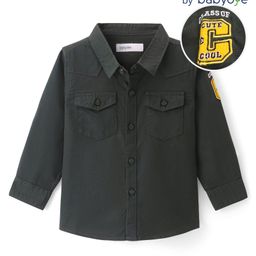 Babyoye Cotton Woven Full Sleeves Solid Colour Shirt with Text Graphic at the Sleeves - Dark Green-image-93