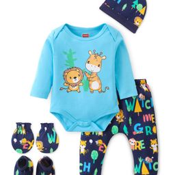 Babyhug 100% Cotton Knit Full Sleeves Onesies with Leggings& Cap Mitten Booties Lion & Giraffe Print - Blue-image-60