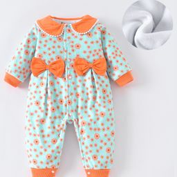 Kookie Kids Full Sleeves Floral Printed Romper with Peter Pan Collar & Bow Applique - Aqua Blue & Orange-image-30