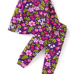 Babyhug Cotton Knit Full Sleeves Floral Printed Night Suit - Purple-image-75