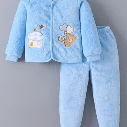 Kookie Kids Full Sleeves Front OpenWinter Wear Suit With Bear Embroidery - Sky Blue-picture-7