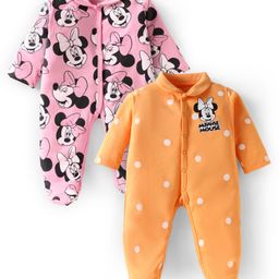 Babyhug Disney Interlock Knit Full Sleeves Footed Sleepsuits with Minnie Mouse Print Pack of 2 - Orange & Pink-picture-31