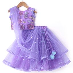 Babyhug NetWoven Frill SleevesSequinned Floral Embroidered Choli Lehenga Set withDupatta - Purple-image-68