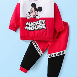Babyhug Disney Terry Knit Full Sleeves Cut & Sew Mickey Mouse Printed T-Shirt & Track Pant with Patch & Tape Detailing - Red White & Black-image-8