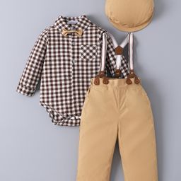 Mark & Mia Cotton Full Sleeves Checkered Onesie & Trouser with Suspender Hat & Bow - Light Brown-image-90