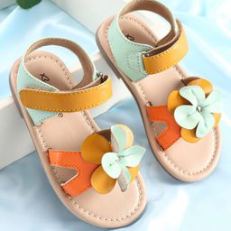 Babyoye Sandals with Velcro Closure & Floral Applique - Orange & Green-image-53