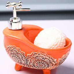 Voncasa Ceramic Glossy Orange color Soap Dispenser (300 ml)-image-6