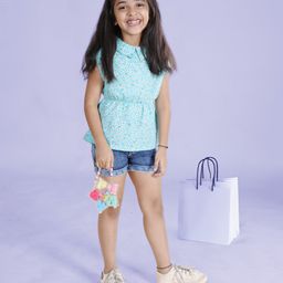 Kiddopanti Sleeveless Floral Printed Top & Denim Shorts Set - Blue-image-32