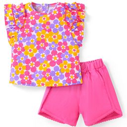 Babyhug Single Jersey Knit Frill Sleeves Top & Shorts Set With Floral Print & Bow Applique - White & Dark Pink-image-38