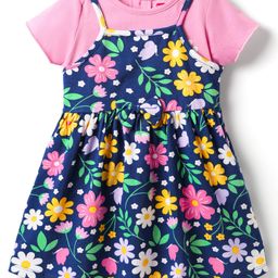 Babyhug Single Jersey Knit Half Sleeves Floral Printed Frock With Inner Tee - Navy Blue-image-29
