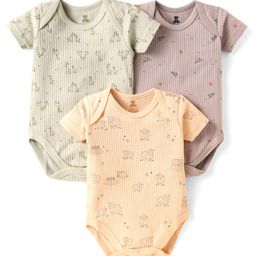 I Bears Interlock Knit Half Sleeves Onesies With Animal Theme Print Pack Of 3 - Lavender & Cream-image-93
