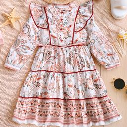 Bella Moda Cotton Full Puffed Sleeves Floral Printed Lace Embellished Dress - Red-image-76