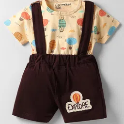 Little Darlings Single Jersey Knit Half Sleeves Henley Neck T-Shirt & Shorts Set With Air Balloon Print & Attached Suspender - Light Orange & Brown-picture-9