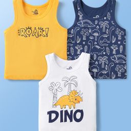 Doodle Poodle 100% Cotton Knit Sleeveless Dino Printed Vests Pack of 3 - Yellow Navy Blue & White-image-43