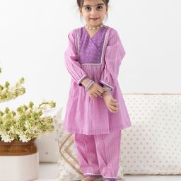 Tiber Taber Cotton Lurex Woven Three Fourth Sleeves Foil Striped & Gota Lace Embellished Kurti Salwar Set - Purple-image-57