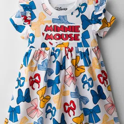 Babyhug Disney Single Jersey Knit Half Sleeves Frock With Minnie Mouse & Friends Graphics & Frill Detailing - White-picture-32