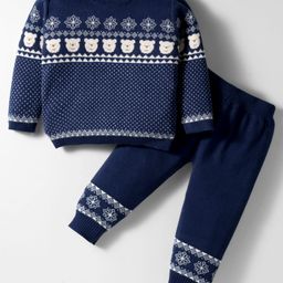 ToffyHouse Cotton Knit Full Sleeves Winter Wear Suit Set with Teddy Design - Navy Blue-picture-5