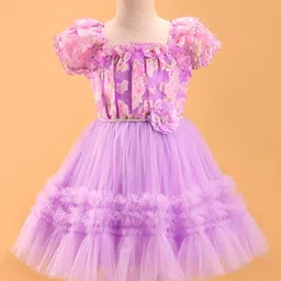 Enfance Half Puffed Sleeves Floral Applique Detailed Knee Length Dress - Purple-picture-36