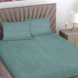 Myntra Elegant Homes Green Striped Woollen 300 TC King Bedsheet Set 2.5 m x 2.25 m-picture-3