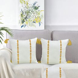 URBAN SPACE Yellow & White 2 Pieces Embroidered Pure Cotton Square Cushion Covers-47
