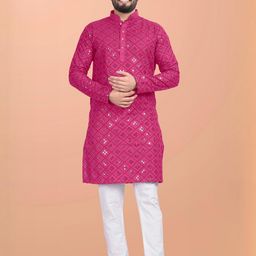 Shree Sundha Men Embroidered, Embellished Straight Kurta (Pink)-3