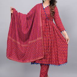 Fmkcreation Floral Printed V-Neck Pure Cotton Angrakha Kurta With Trousers & Dupatta-image-49