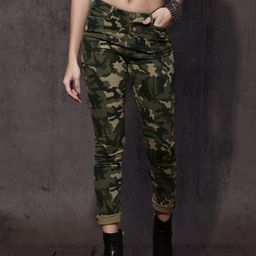 Roadster Women Olive Green & Black Slim Fit Printed Chinos-1
