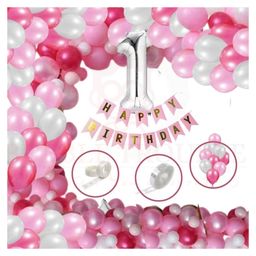 Bubble Trouble Girls Boys Happy Birthday Balloons Decoration Kit Combo ,13 Letters Happy birthday Banner Pink White Theme Pack of 64-image-63