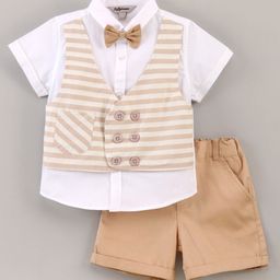 ToffyHouse Half Sleeves Shirt With Attached Waistcoat & Shorts Stripes Print- Beige-picture-24
