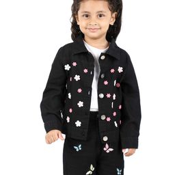 Budding Bees Full Sleeves Felt Flowers Embellished Denim Jacket - Black-image-36