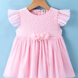 ToffyHouse Cotton Frill Sleeves Frock with Corsage Applique - Light Peach-image-85