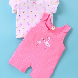 ToffyHouse Cotton Dungaree Style Romper with Half Sleeves Flamingo Printed Inner Tee - Pink-image-53