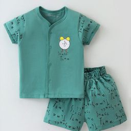 Doreme  Single Jersey Knit Half Sleeves Shorts Sets Clock & Text Print - Mid Green-picture-23