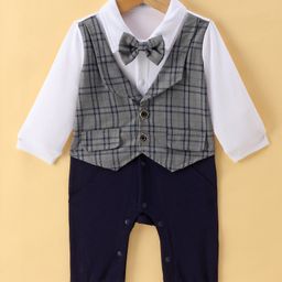 Mark & Mia Full Sleeves Party Romper with Attached CheckeredWaist Coat & Bow - Grey White & Blue-image-8