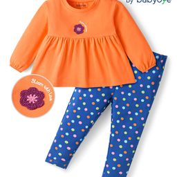 Babyoye Eco Conscious Single Jersey Knit Full Sleeves Flower Embroidered Top & Polka Dot Leggings Set - Blue & Orange-image-16